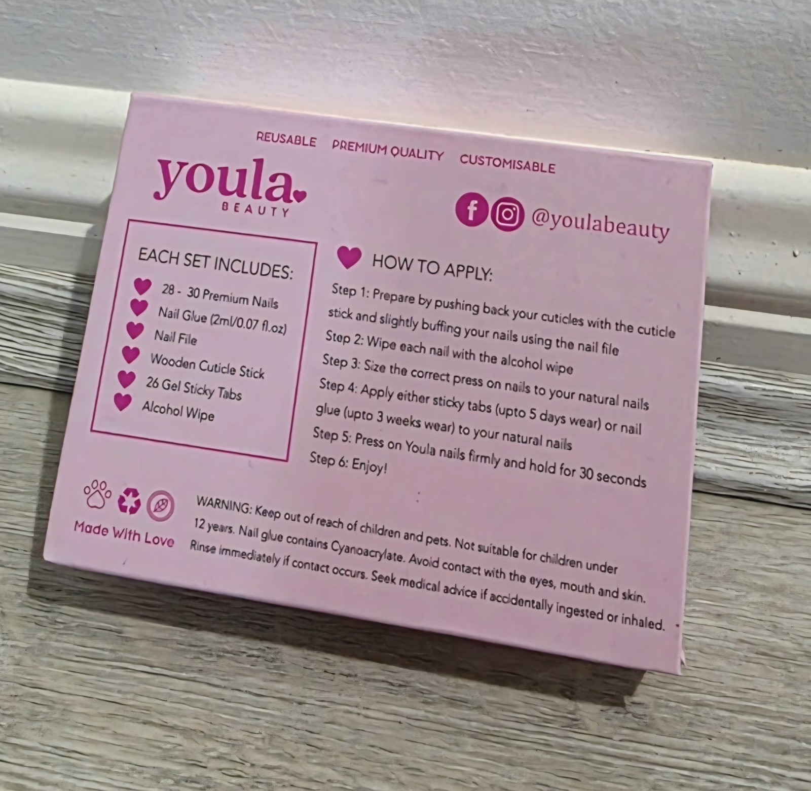 Youla Beauty Press-on Nails Nude/White French Coffin – Reusable & Customisable