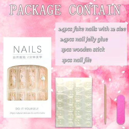 Press on Nails Coffin Long Length Acrylic Glossy Full Cover Star and Heart Gems