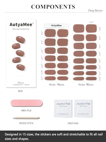 Semi Cured Gel Nail Strips (), 30 Pcs Gel Nail Wraps, Stickers, Long Deep Brown