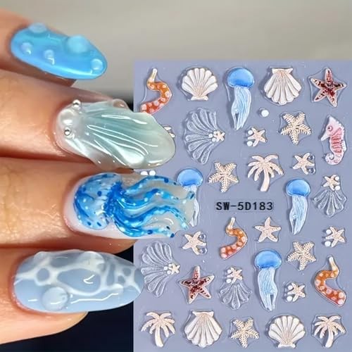 Summer Nail Stickers 5D Beach Shell Nail Decals Embossed Ocean 5D Ocean Theme