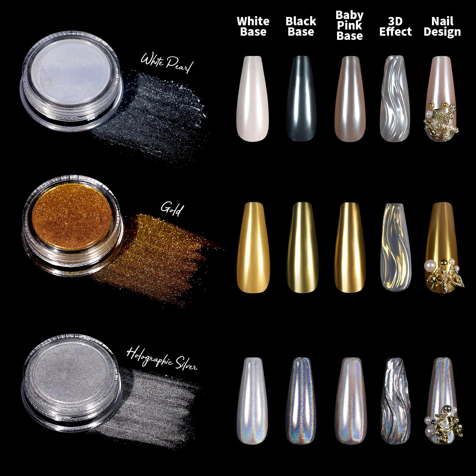 Teenitor Gold Chrome Nail Powder Kit with White Pearl/Gold/Holographic Silver