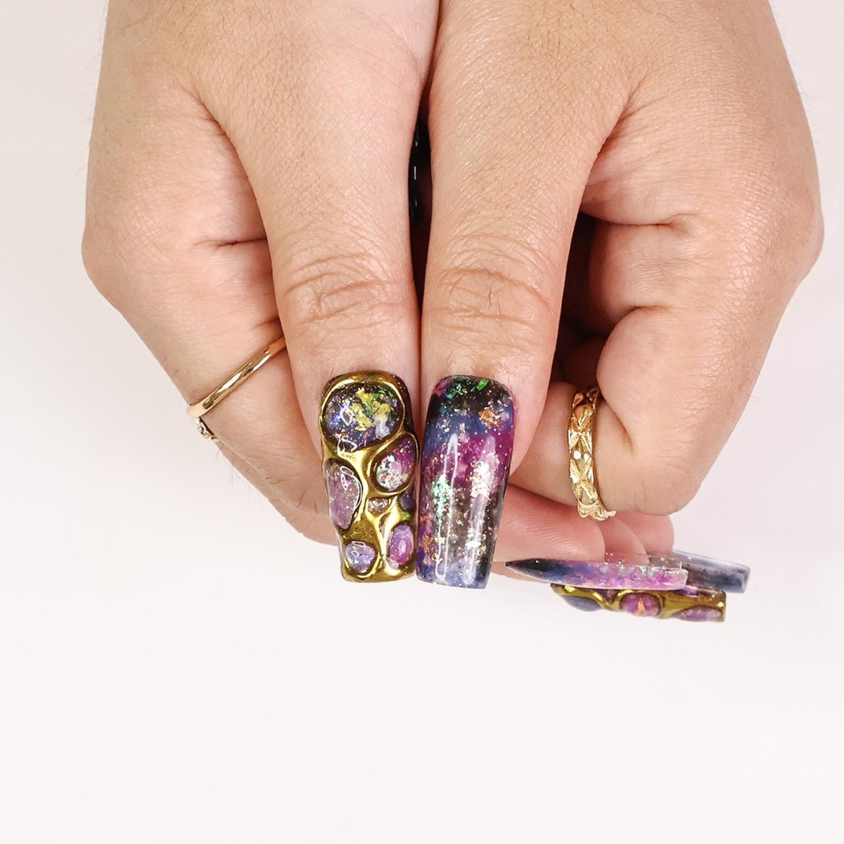 Purple Galaxy Handmade Press on Nails Gold Wire Iridescent Glitter Fake Nails