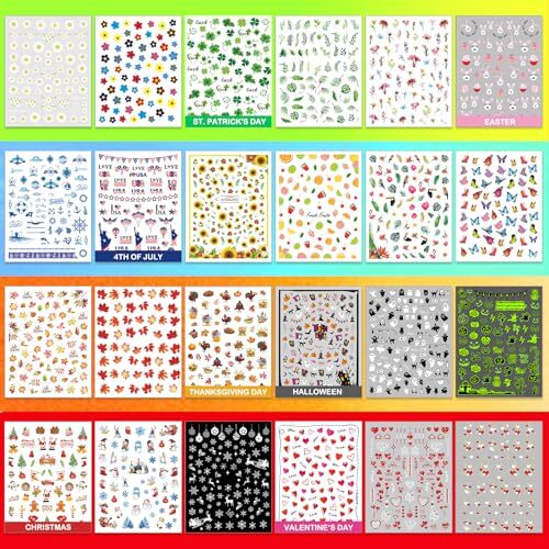 24 Sheets Seasonal Nail Art Stickers, Four Season Variety Pack All Holiday