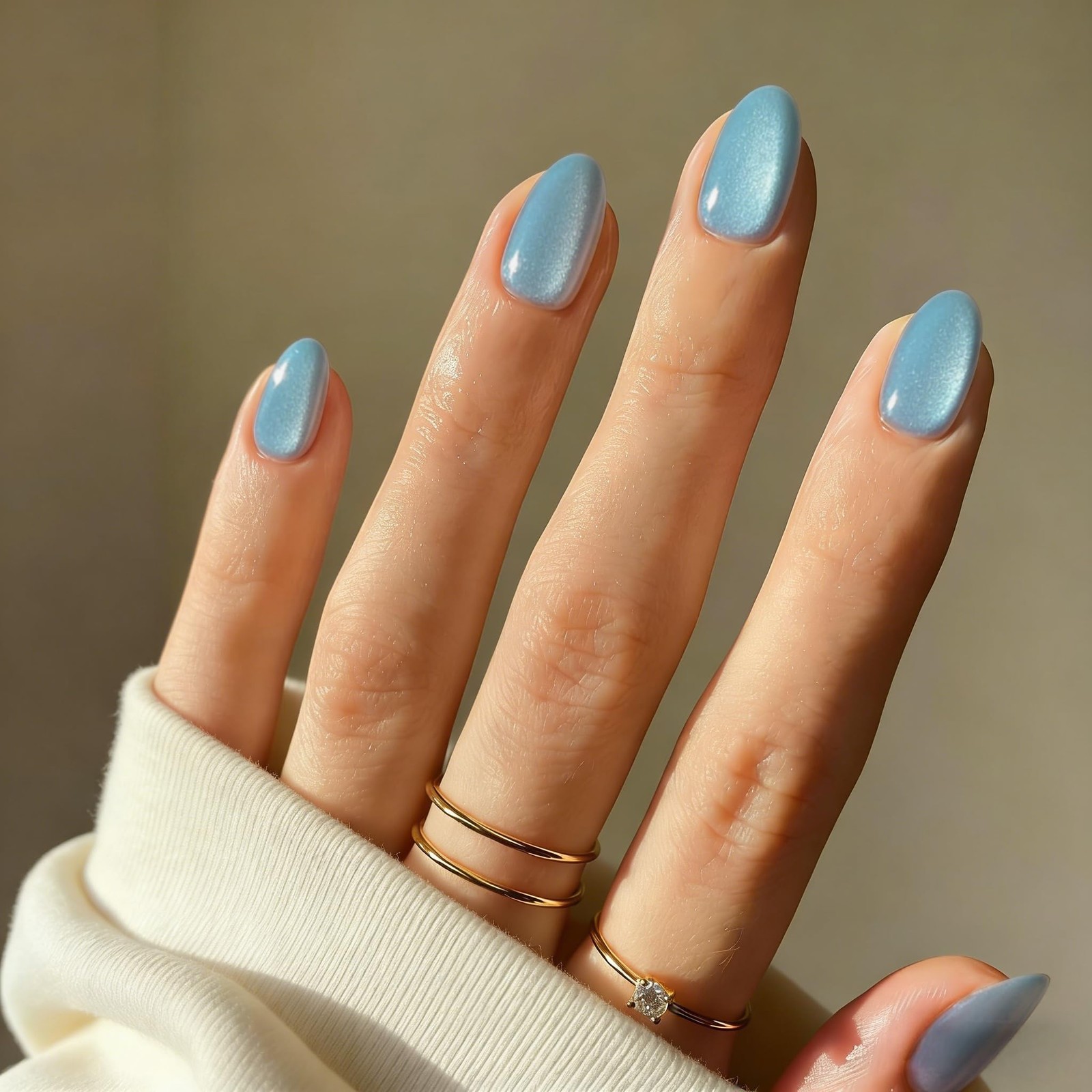 Cat Eye Pastel Blue Press on Nails Short Oval, Fake Nails with a Chrome Spark…