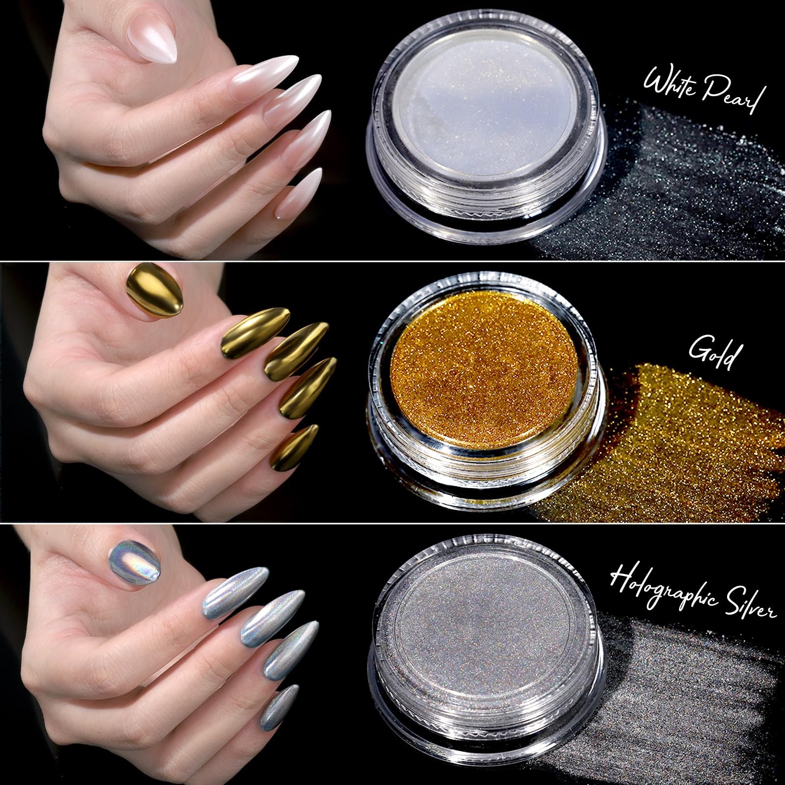Teenitor Gold Chrome Nail Powder Kit with White Pearl/Gold/Holographic Silver