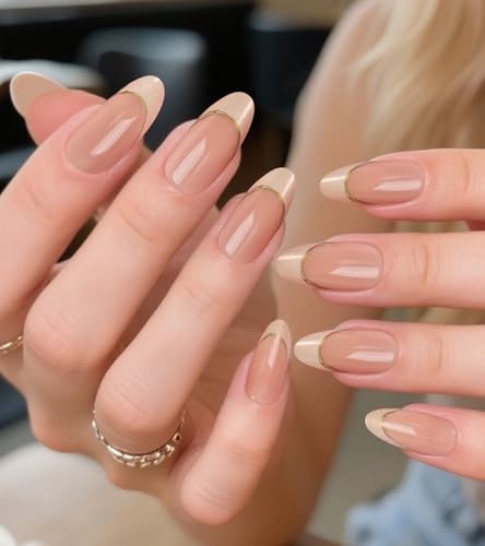 Gold Nude French Tip Press on Nails Medium Length Almond 16 – Gold Nude French
