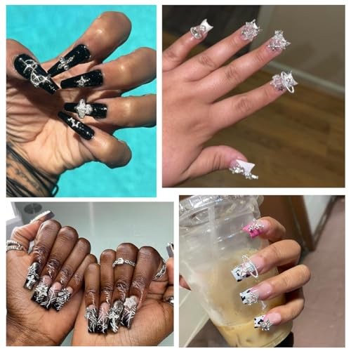 120+ Pcs Star Nail Charms Inlaid Rhinestones Gems Star Planet Cross Nail Silver
