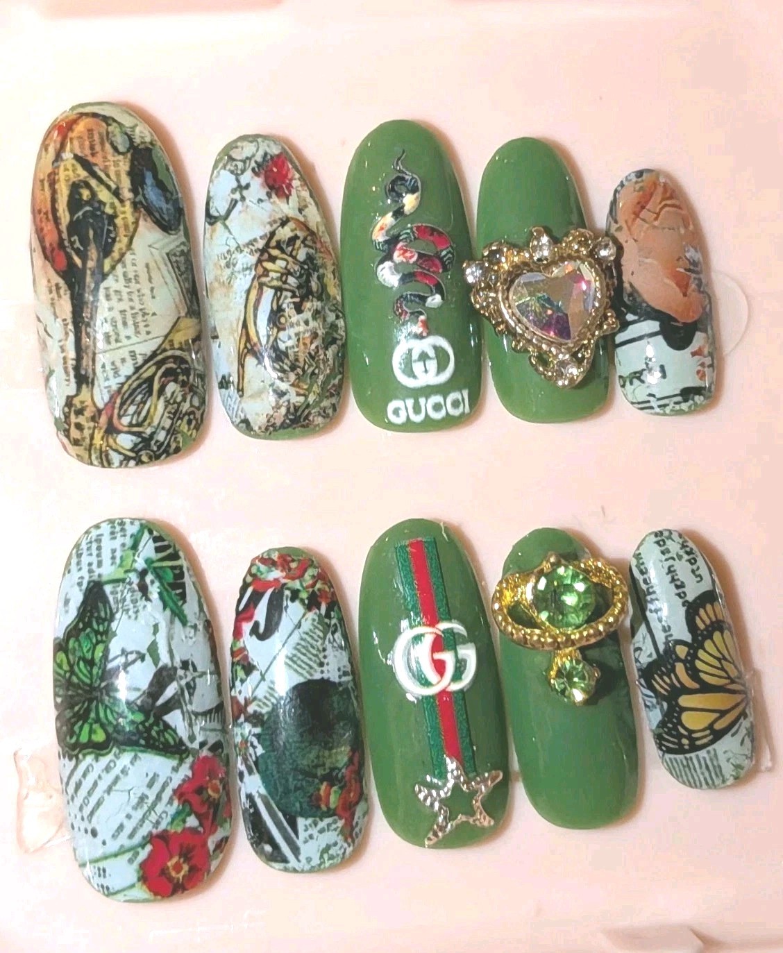 Printed custom decorative 10pc short acrylic press on nails sz medium Glue…