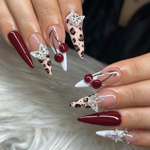 Press on Nails Long Stiletto Fake Nails with 3D Cherry, Butterfly AS1-017