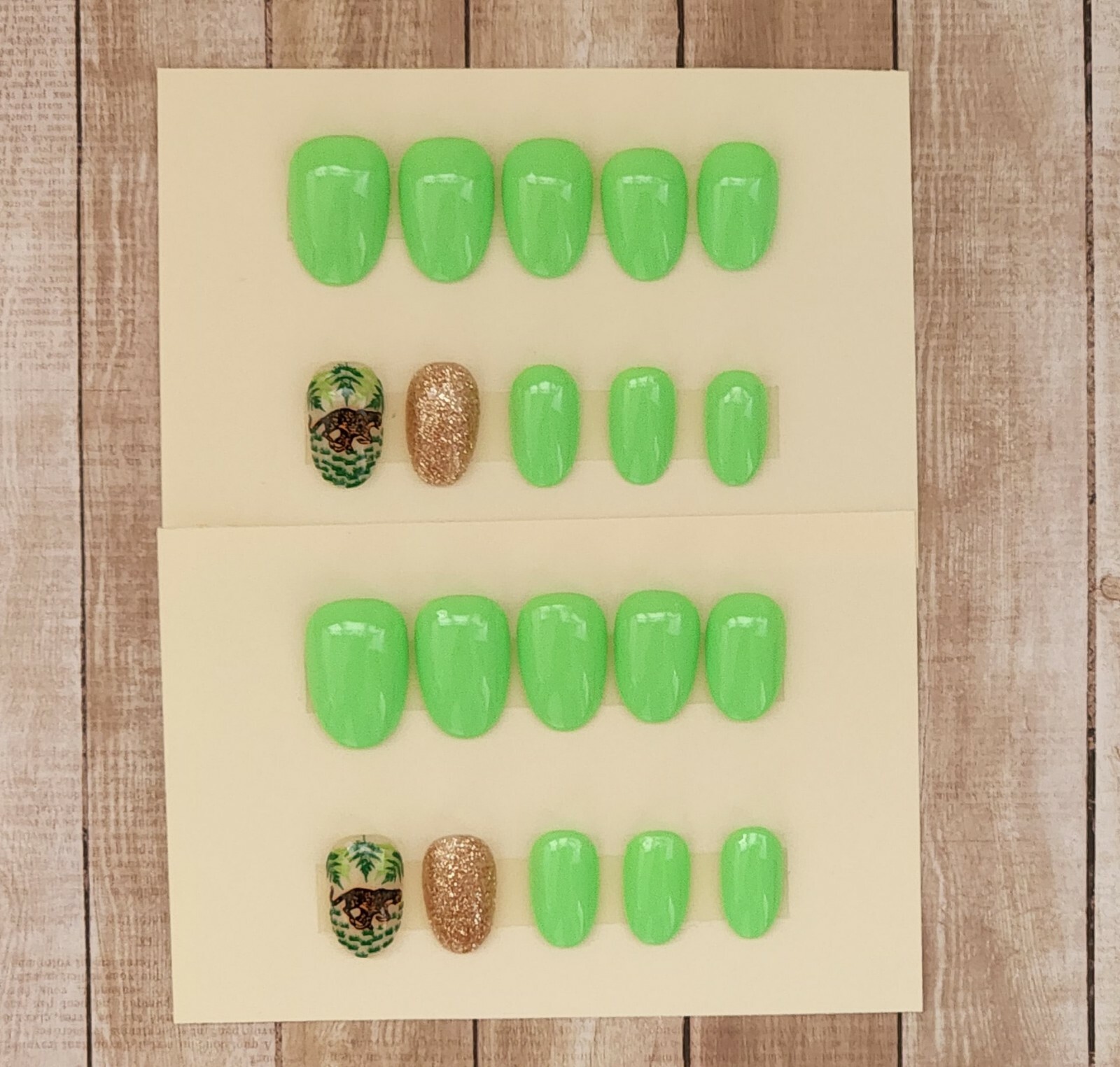 Custom Press On Handmade Gel Nails Green Cheetah Accent Oval Short 20 Tips