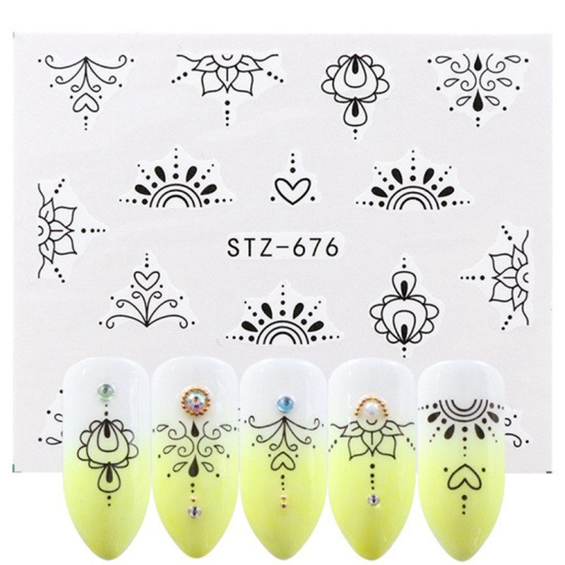 Nail Art Stickers Water Transfers Black Decals Lace Jewellery Design