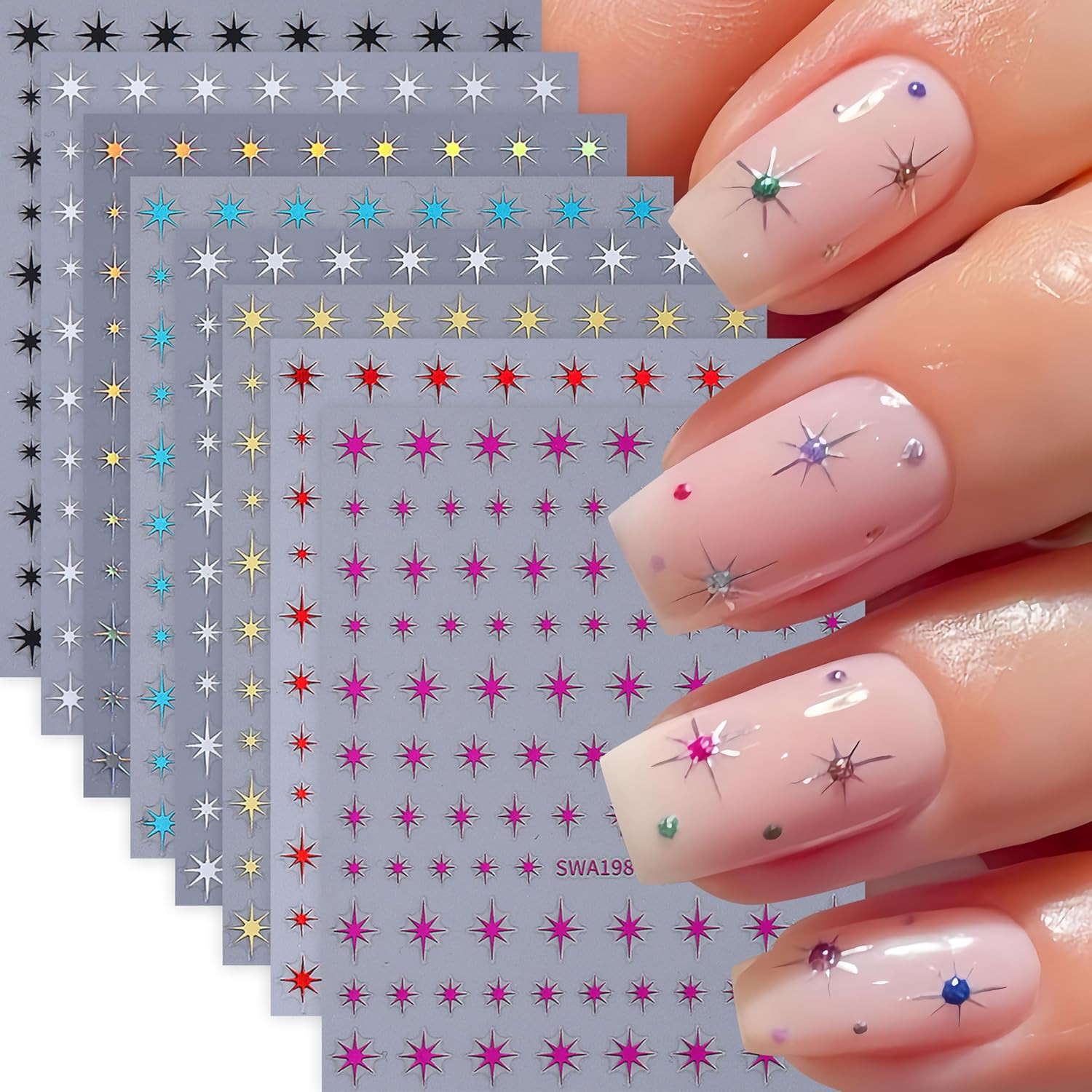 8 Sheets Gold Star Nail Art Stickers Decals 3D Self Adhesive Laser Golden Star N