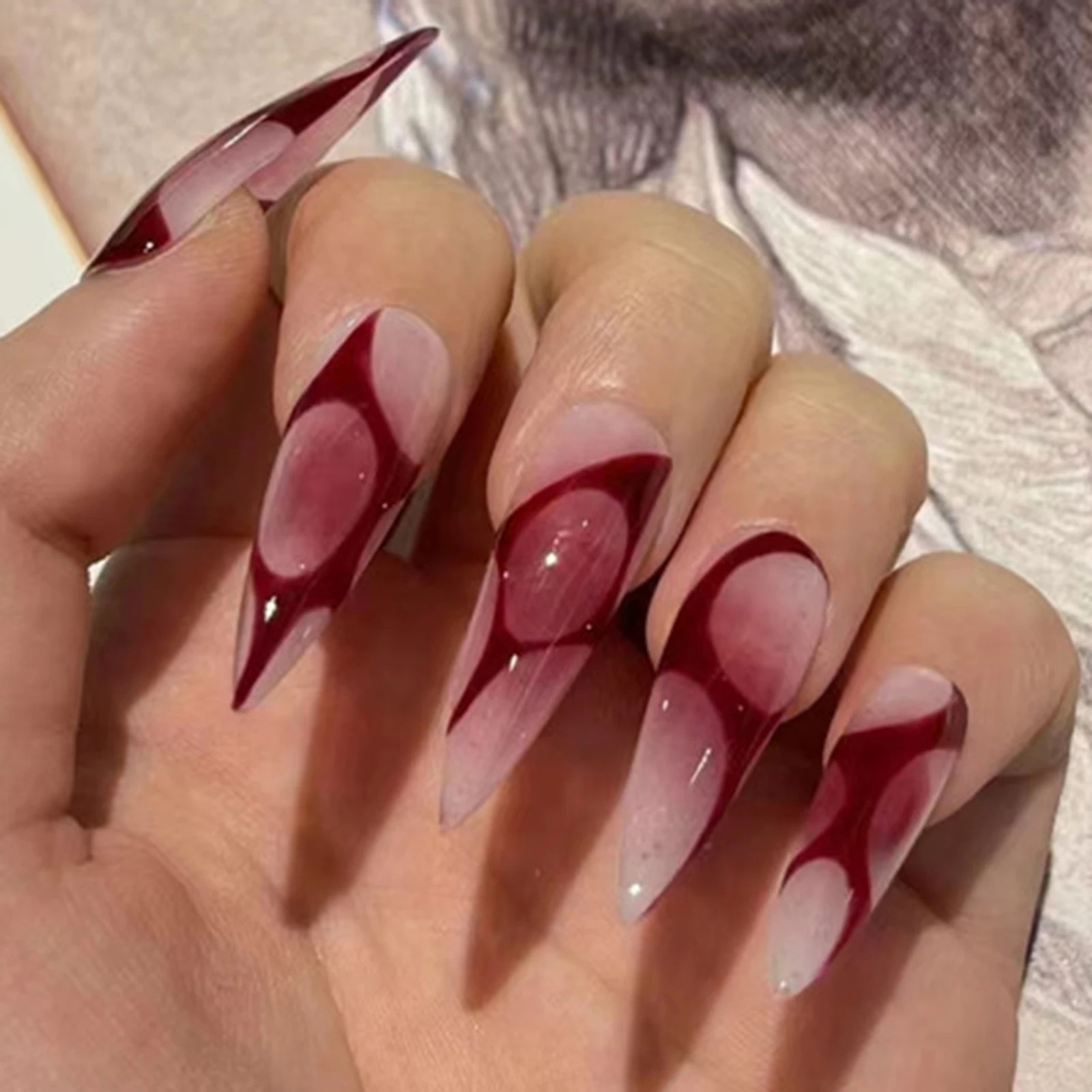 24pcs Red Blush Goth Long Stiletto Press On Nails
