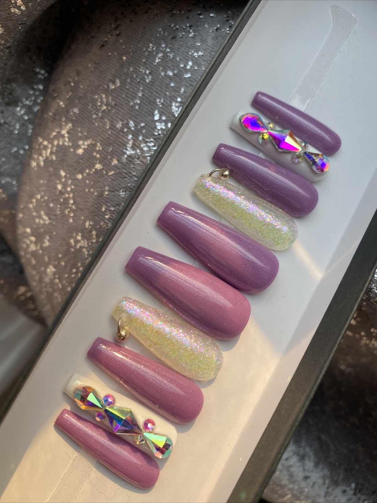 🔥CUSTOM Gel Press On False Nails, Purple w/ BLING 10 set, w/ FULL KIT NEW MED