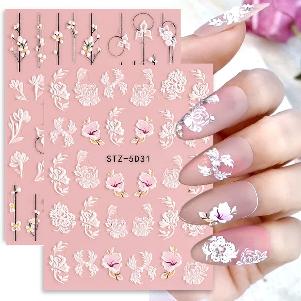 5D Spring Embossed Flower Nail Art Stickers 4 Sheets Real Self-Adhesive Decal…