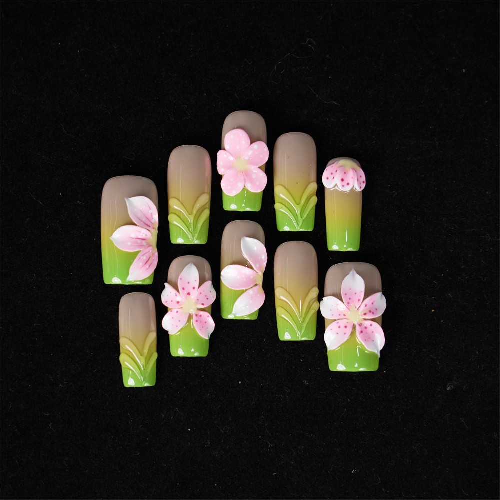 Handmade Green Nude Floral Press on Nails Gradient 3D Flower Trendy Fake Nails