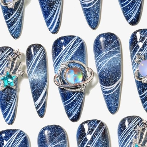Handmade Press-on Longtiletto Amlond Whiteilver Butterfly Rhinestone #148 S