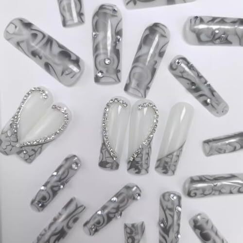 Long Press on Nails Square Fake Nails with 3D Heart Silver French Tips