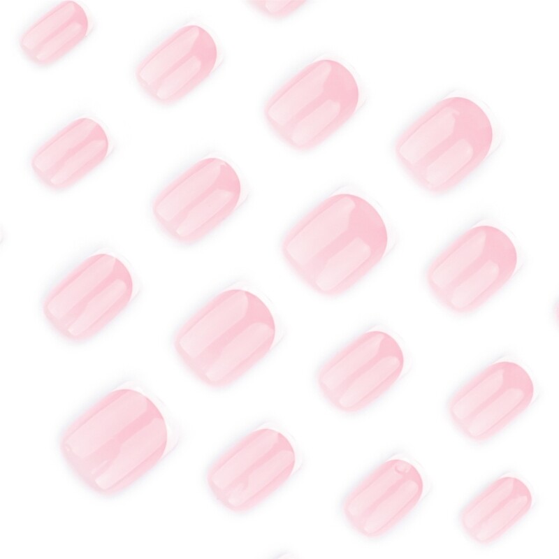 24 Pieces Pink Glossy French Tip False Nail Short Square Design for Women Girls