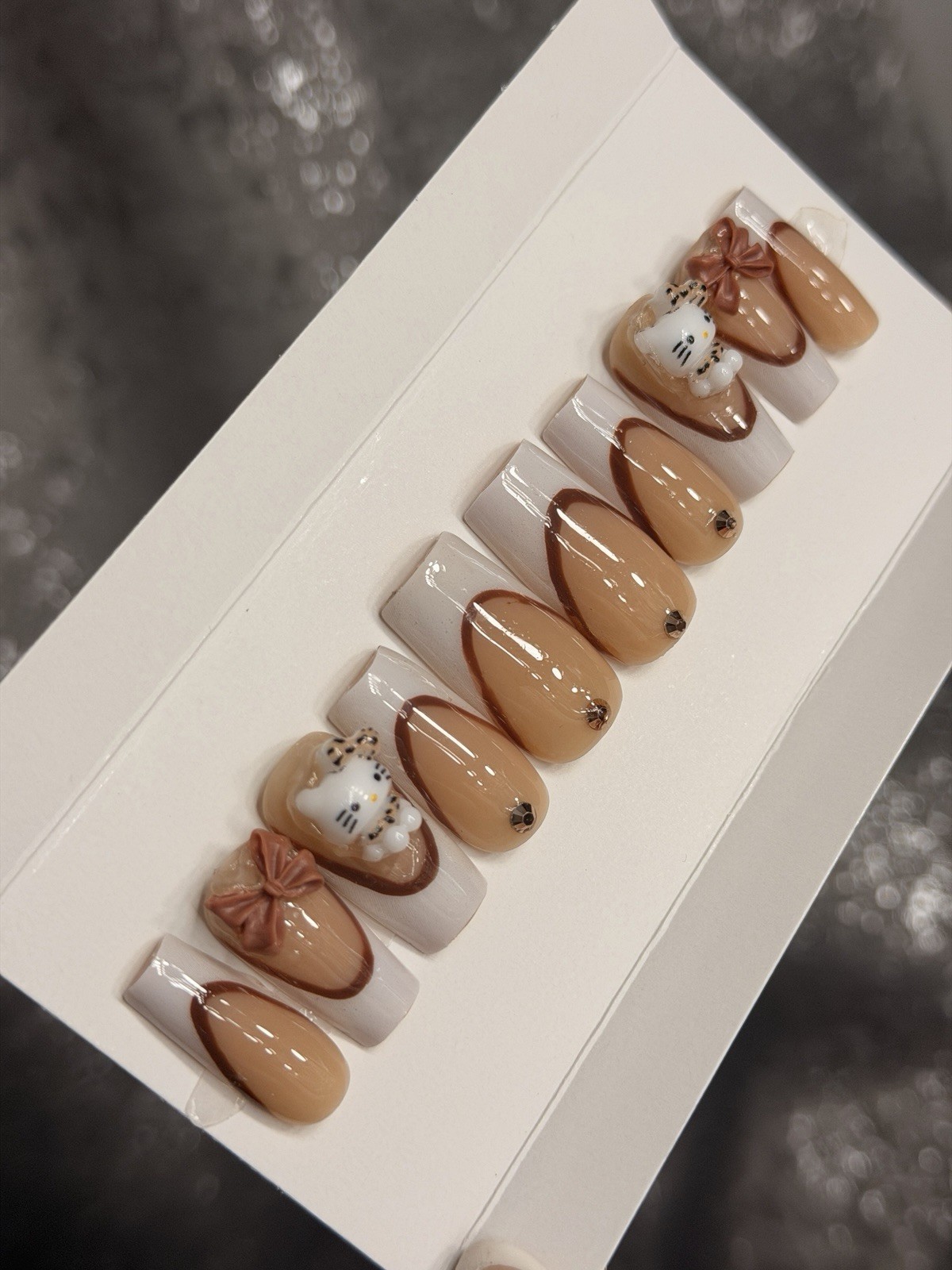 ✨ CUSTOM Press On Nails Brown Nude HELLO KITTY BLING 10p SET W Kit