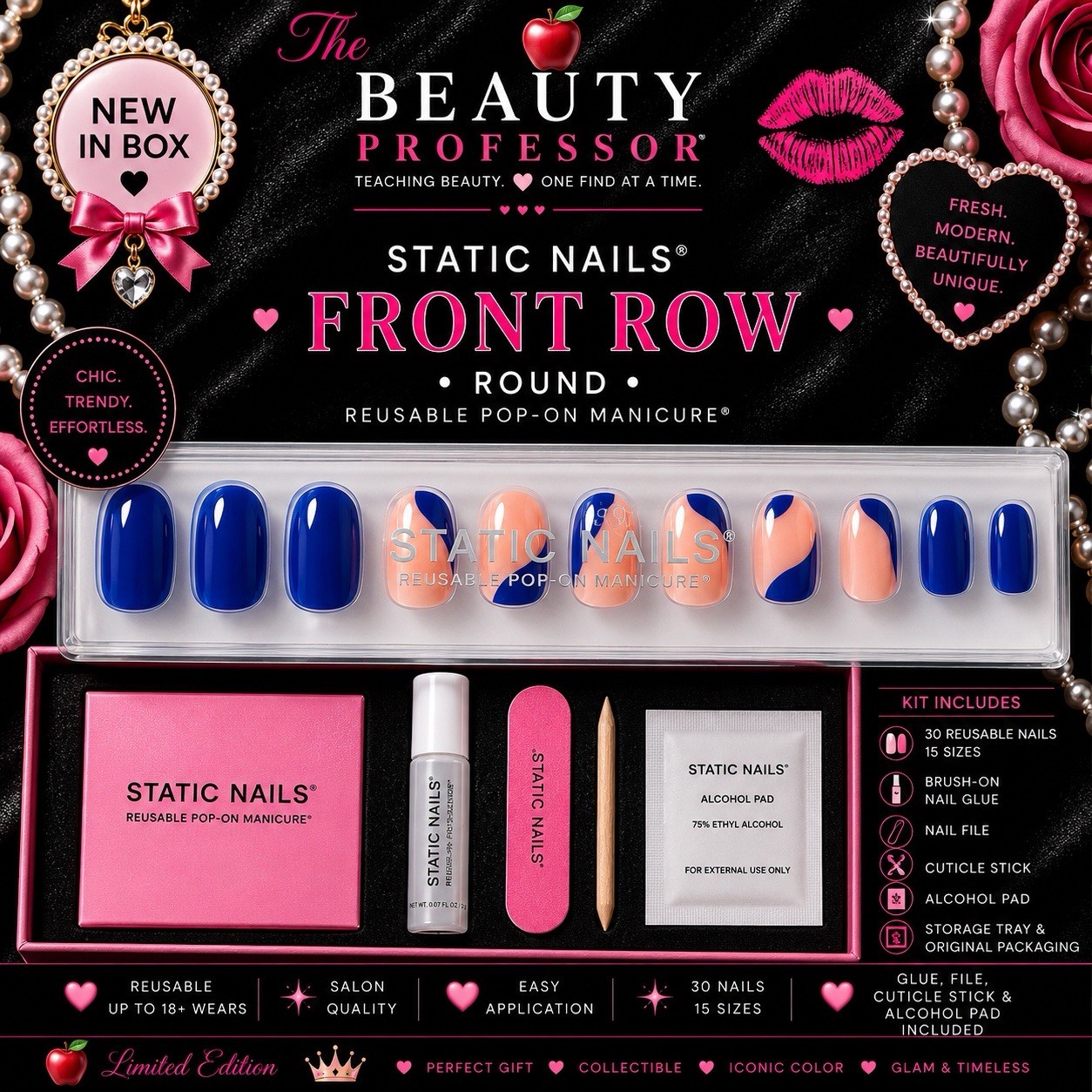 💅 Static Nails Front Row Round Reusable Pop-On Manicure New In Box
