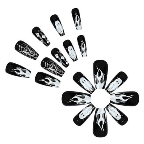 Black Halloween Press on Nails Square Long Fake Nails Ghost Flame C Nails 3