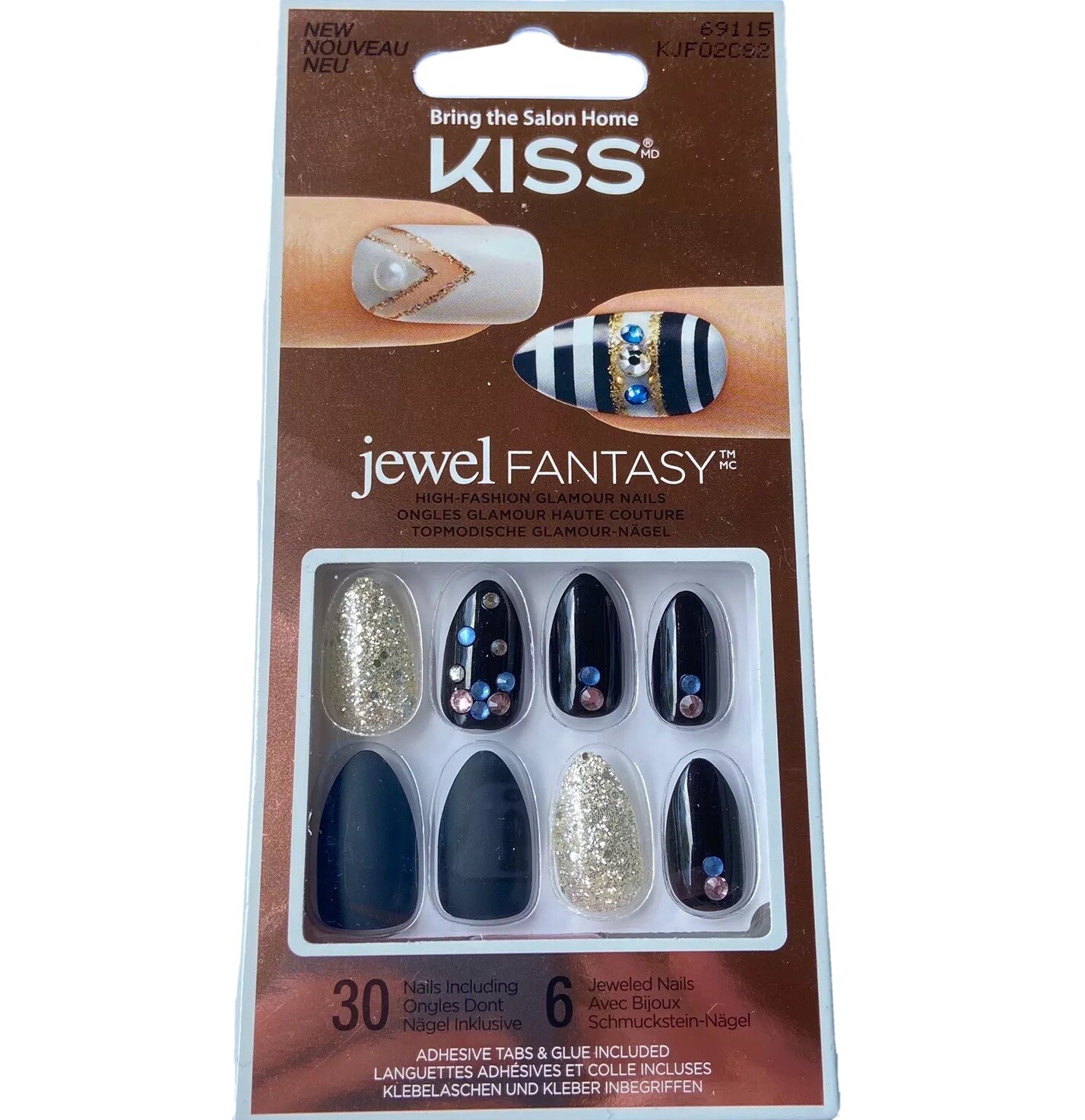 NEW Kiss Nails Jewel Fantasy Press or Glue Manicure Medium Gel Almond Black Gems