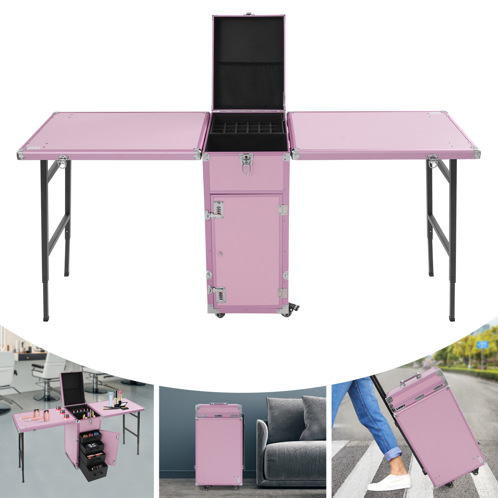 Portable Nail Table Desk, Foldable Rolling Manicure Table, 2 Desktop Case