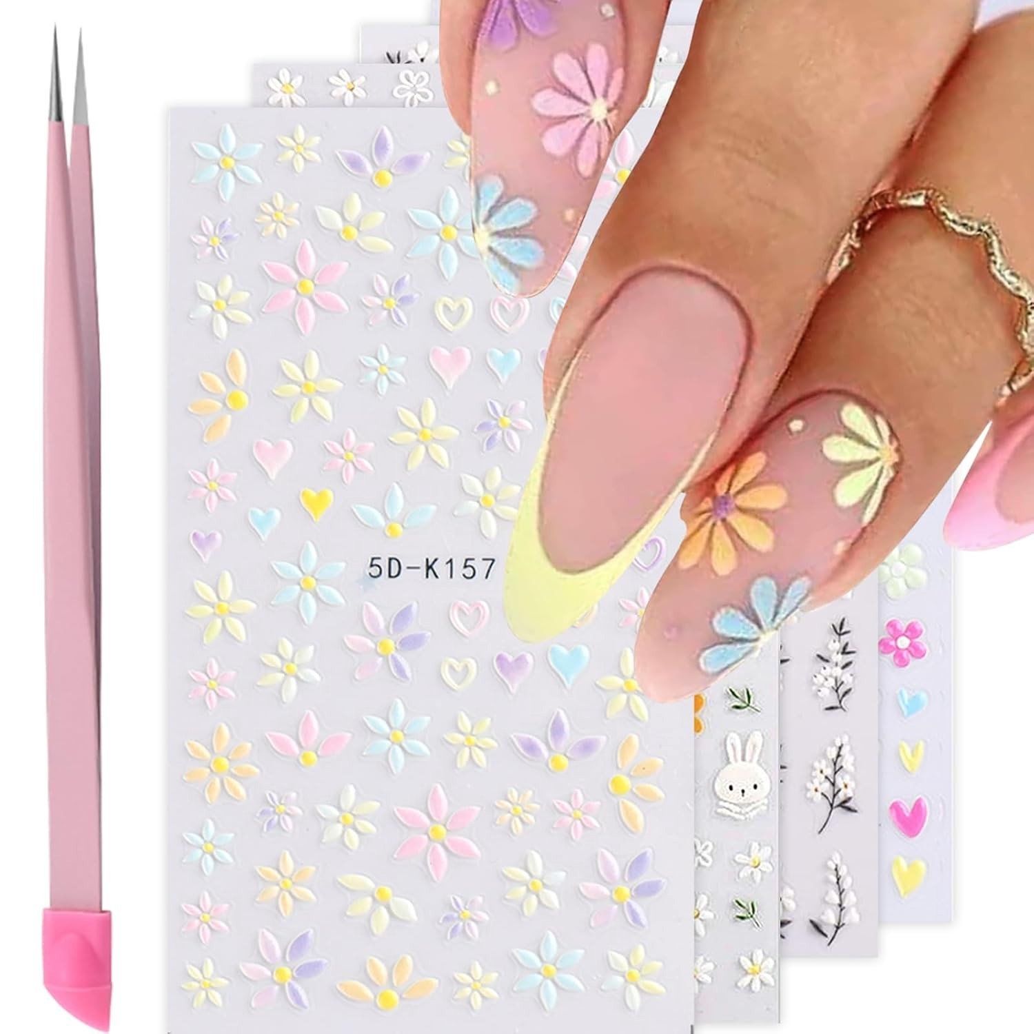 Flower Nail Art Stickers – 5D Embossed, Spring/Summer Daisy Designs, Self-Adh…