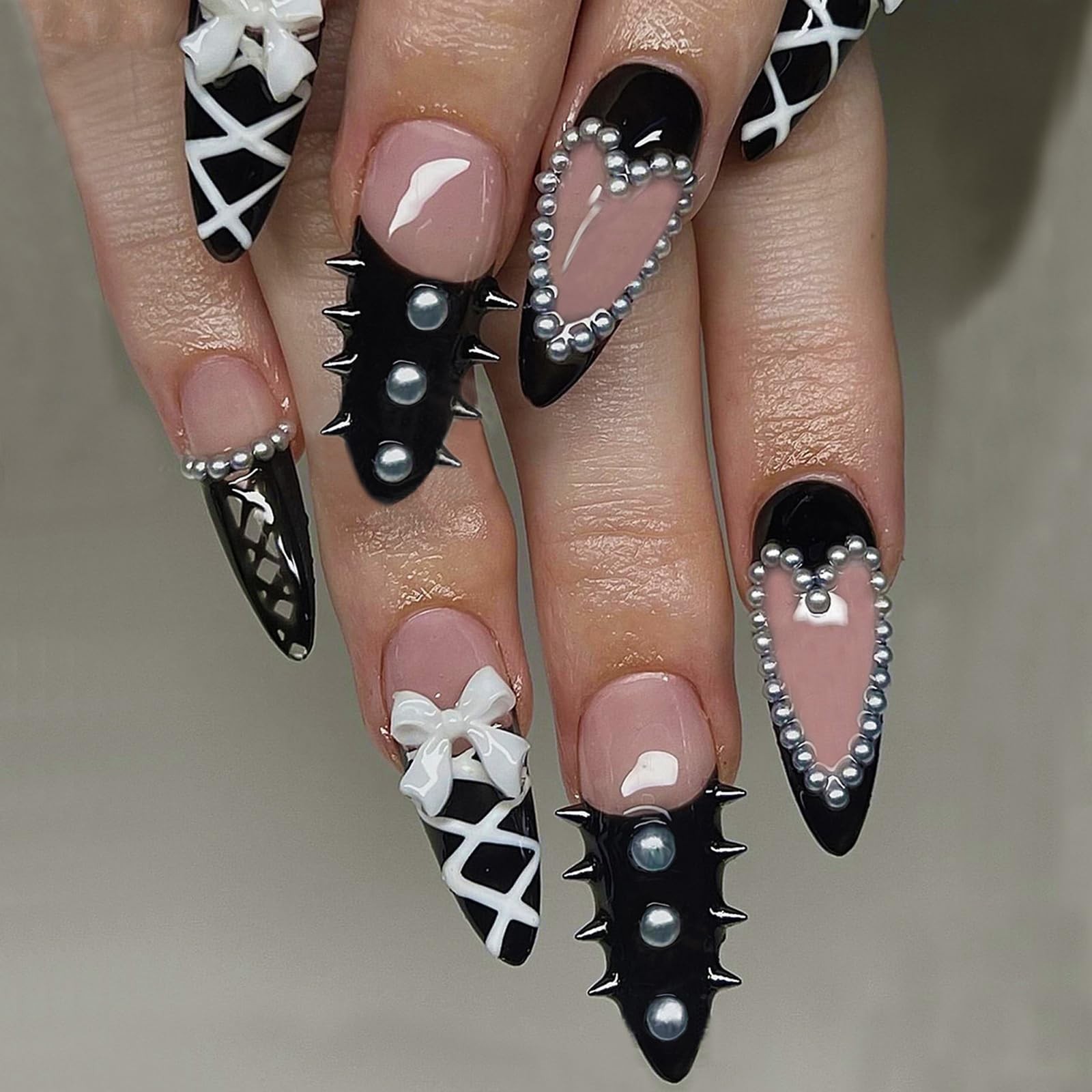24pcs Press On Nails Almond With 3D Bow Pearl Rhinestone Design Black Medium …