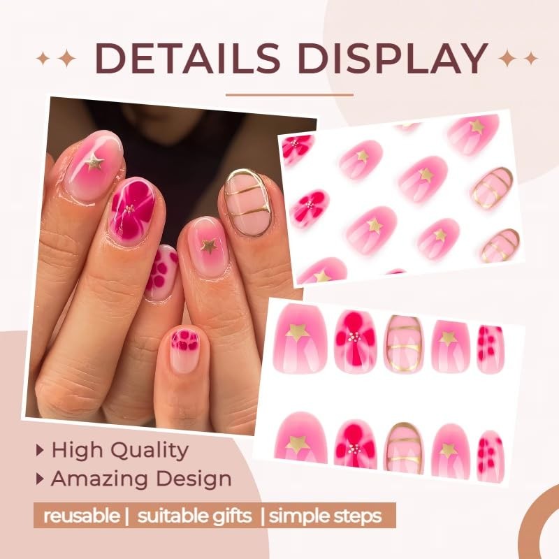 Pink Flower Press on Nails Short Oval Fake Nails Spring Summer Glue on Floral