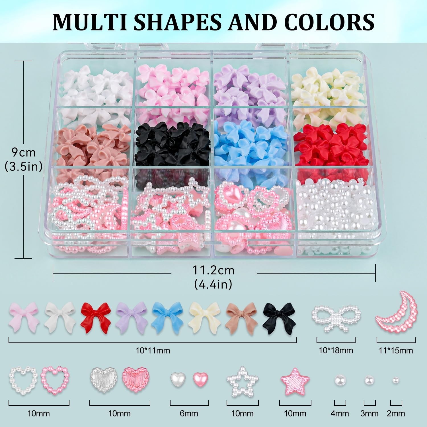 600 Pcs 3D Nail Charms & Flatback Pearls Set – 8 Color Bow Charms for Art