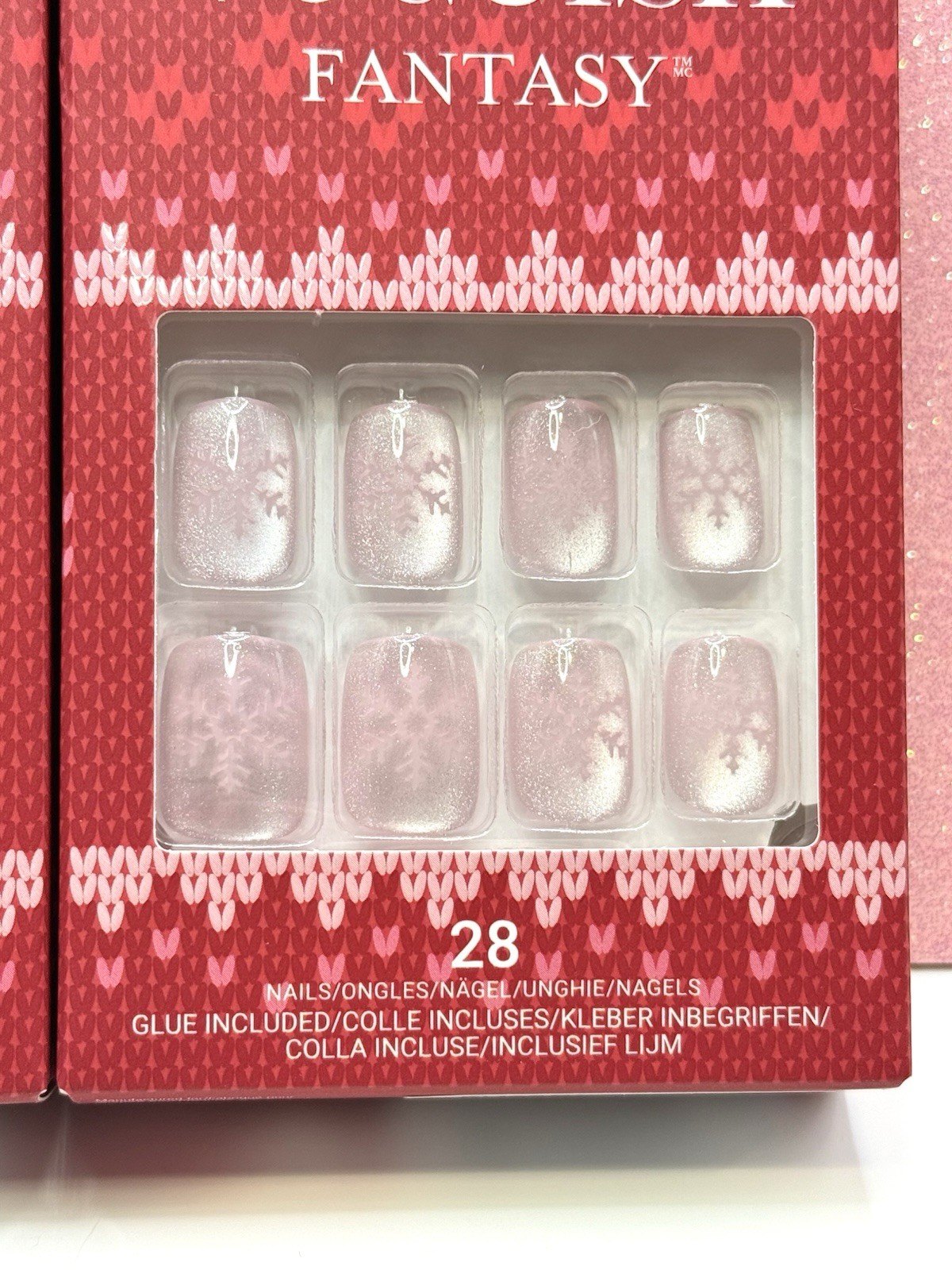Kiss Voguish Fantasy Press-On Nails Holiday Short Pink Snowflake Sparkle Lot Of2
