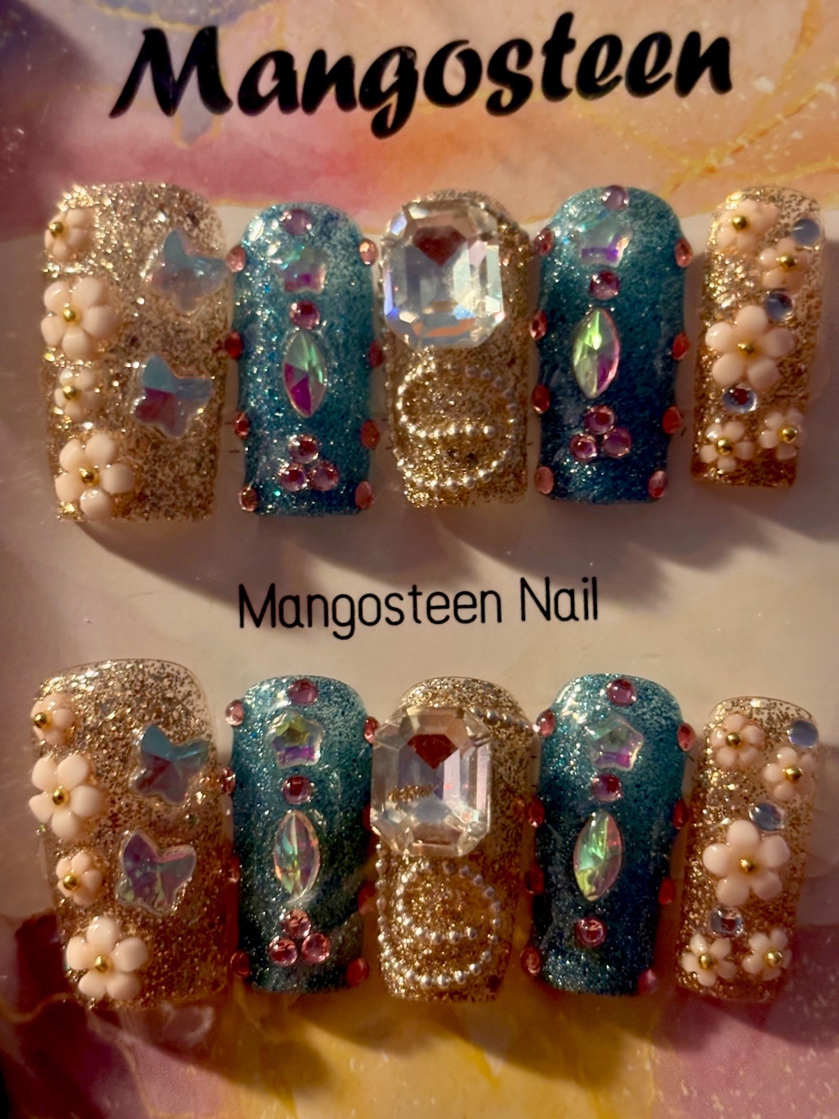 Y2K Crystal Pink and Silver Turquoise Press-On Nails Medium Size Coffin