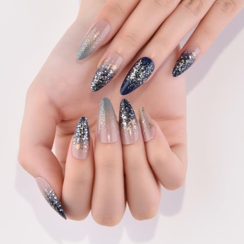 24Pcs – Medium Almond – Ombre Blue & Star Press – 24 Ounce