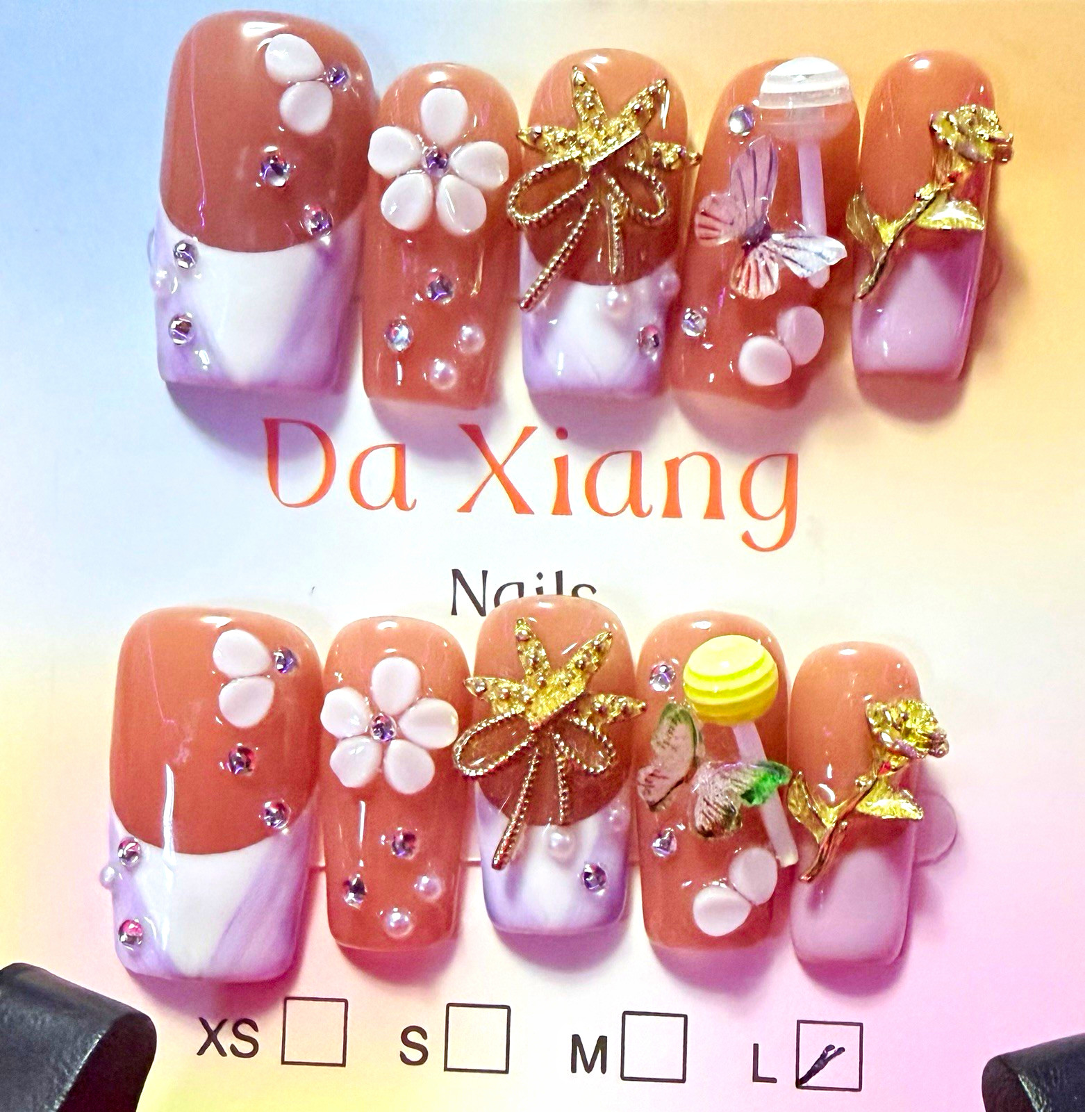 Da Xiang Brown/Pink/White/Gold 3D Floral Square Press-On Nails, Long