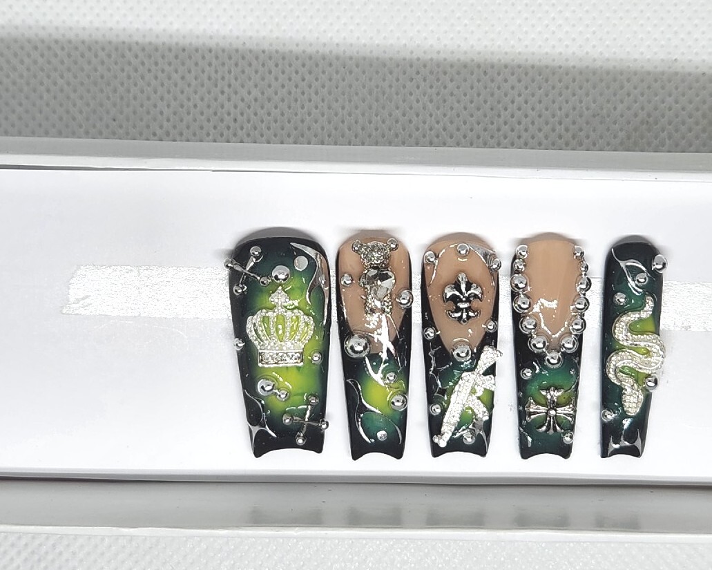 Handmade Presson nails/Aurora Nails/Square long moon shape length 