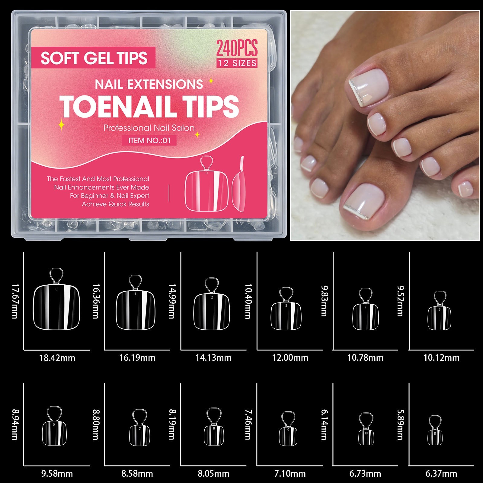 240Pcs Soft Gel Toenail Tips Full Cover Press On False Nails for Pedicure 12Size