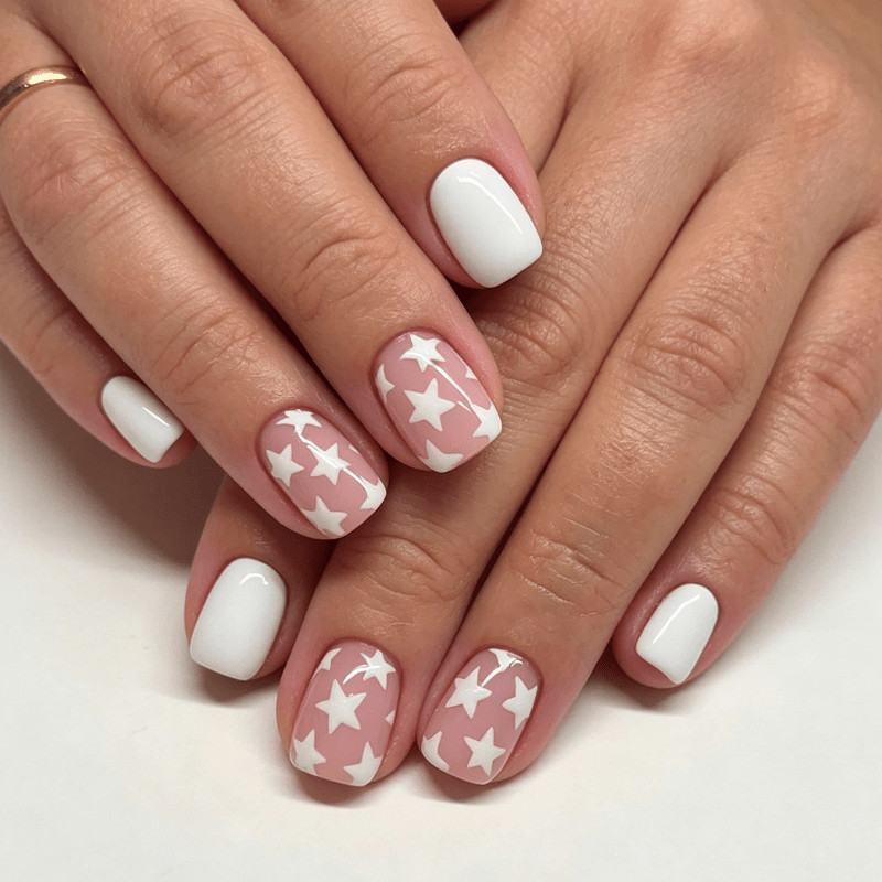48pcs Short Almond Press on Nails, Nude Pink White Star Sweet Casual Nails