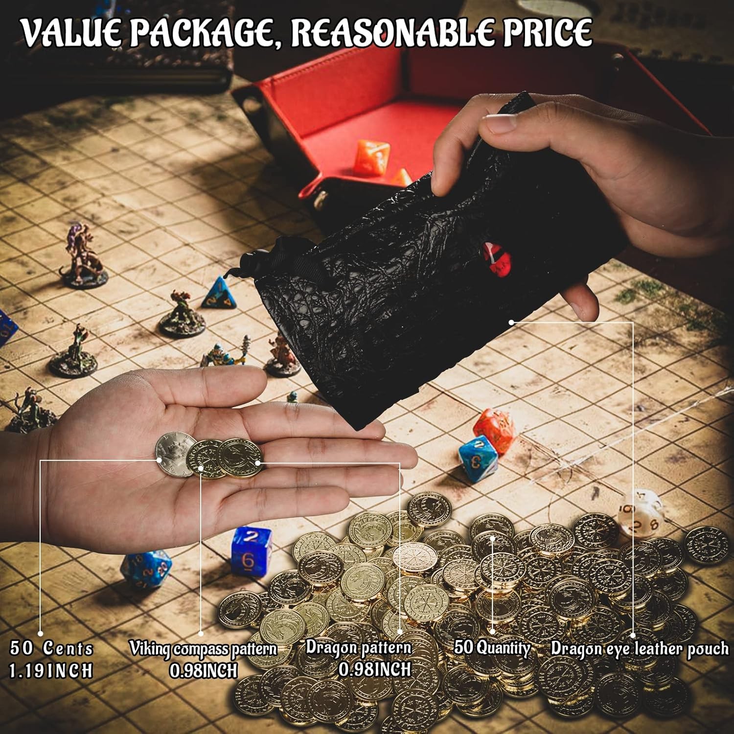 DND Fantasy Coins 50 Antique Gold Metal Treasure Tokens with Leather Pouch -…