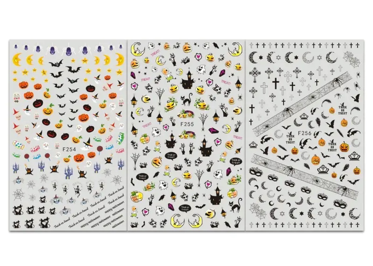 Halloween Nail Art Stickers Pumpkins Ghosts Bats Moons Cat Cross DIY Nails F