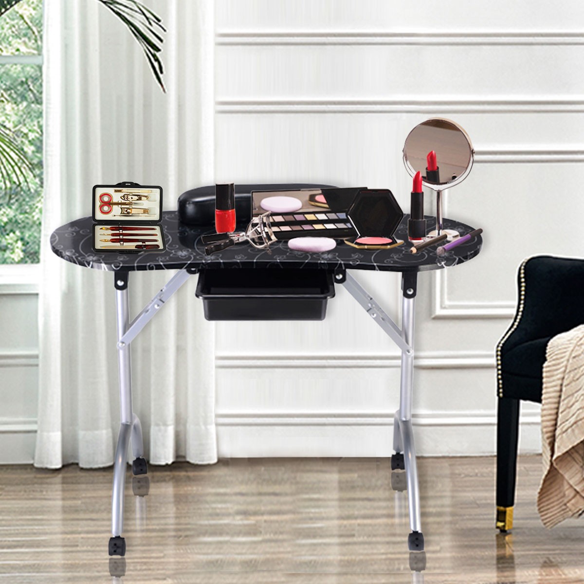 Topbuy Portable Nail Table Folding Manicure Nail Desk W/ Drawer & Wrist Rest