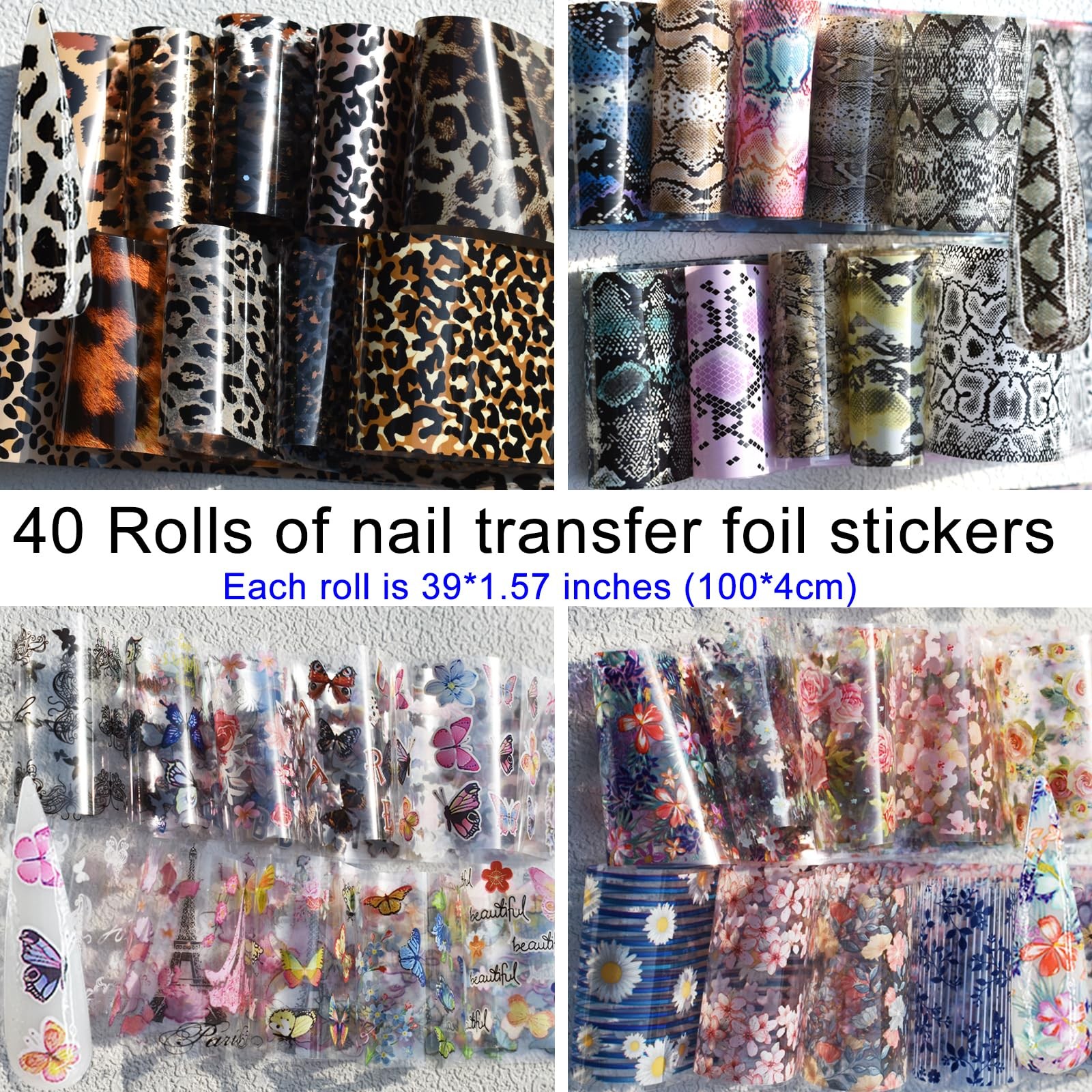 40 Rolls Animal Snake Leopard Print Nail Art Foils Transfer Stickers Set