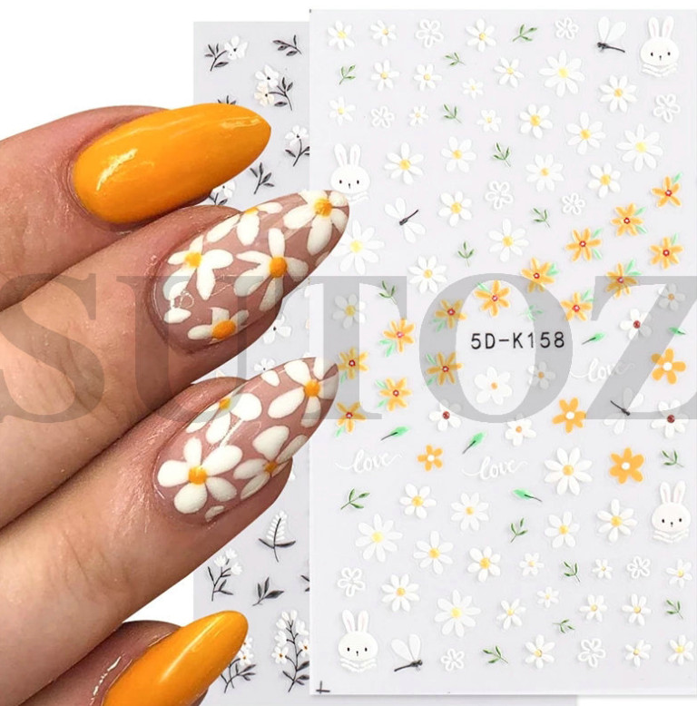 2 Sheets 5D Embossed Love Flower Bunny Daisy Fingers Toe Nail Art Stickers NS25