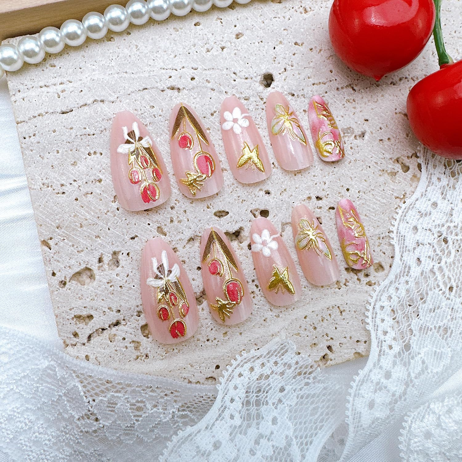 24Pcs Spring Press on Nails Medium Almond Fake Nails with 3D Gold Flower Butterf