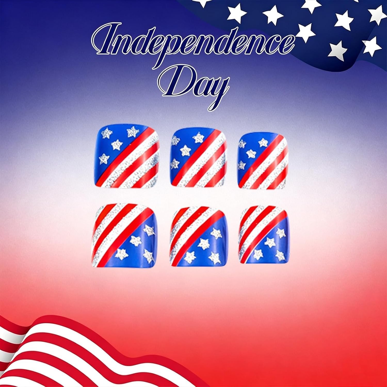 Independence Day Glitter Stripe Press-On Toenails Short Square False Toenails…