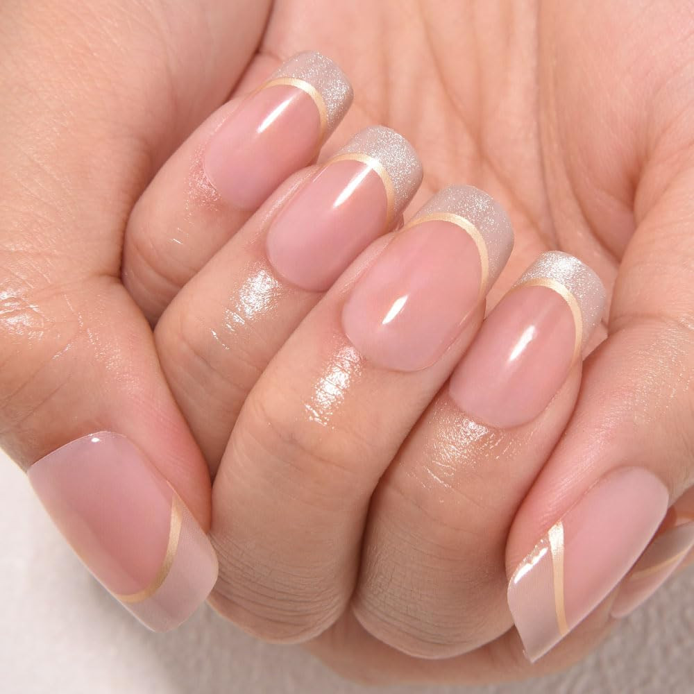 French Tip Medium Squoval (24 Count) Nude Pink + Gold Line & Cat Eye Tips