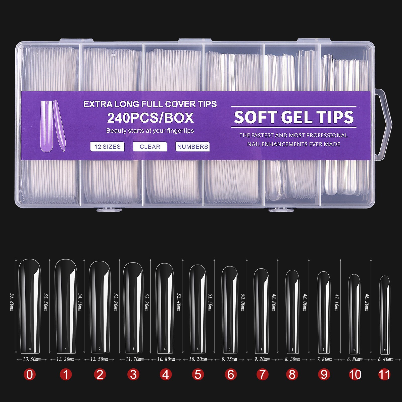 240Pcs XXXL Full Cover False Nail Tips Clear Acrylic Nails Soft Gel Tips 12 Size