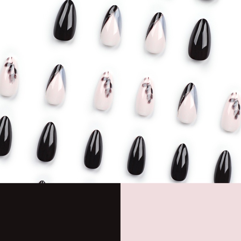 48Pcs-Black Nude Gold Line Press on Nails Glossy Long Almond Nail Art Set