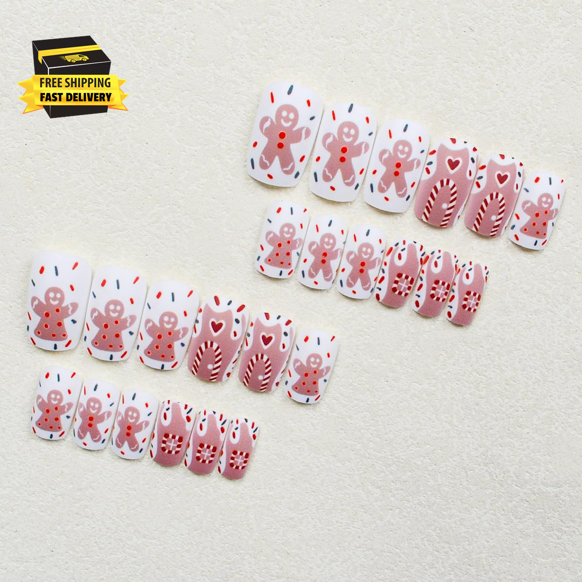 Christmas Gingerbread Man Press on Nails Short Square Fake Nails with Cute Candy